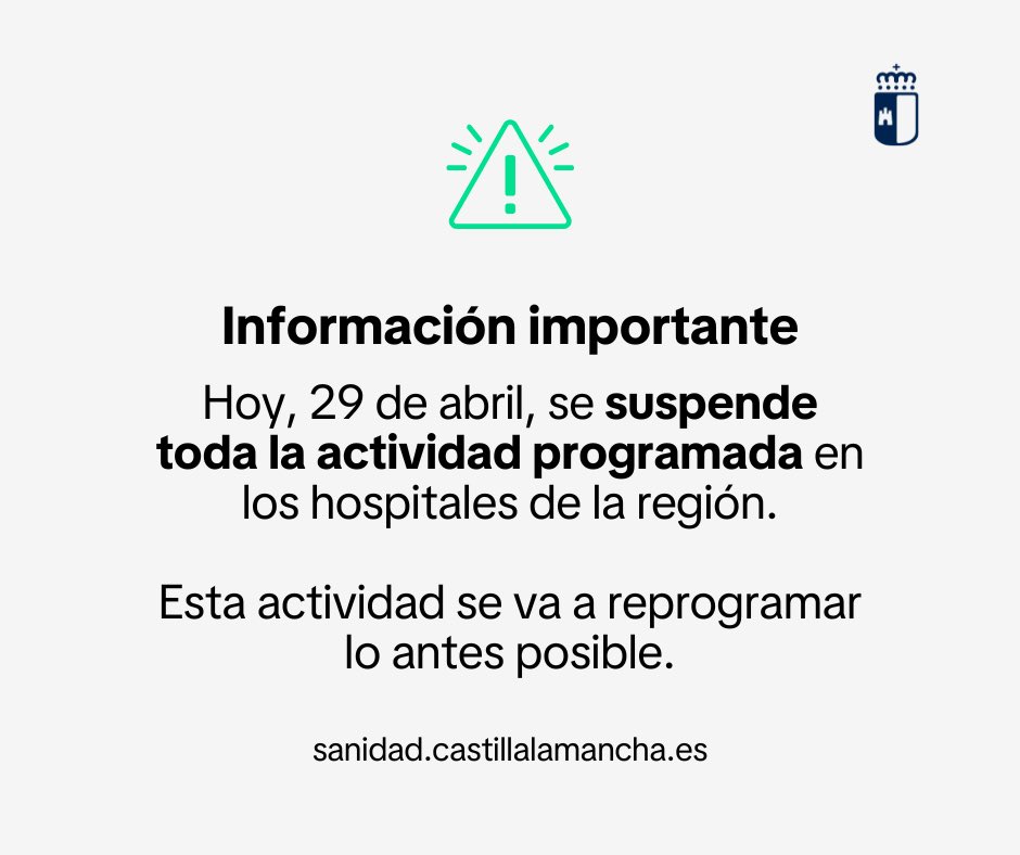 ‼️Importante‼️

Se suspende la actividad programada para hoy en los hospitales de la región.