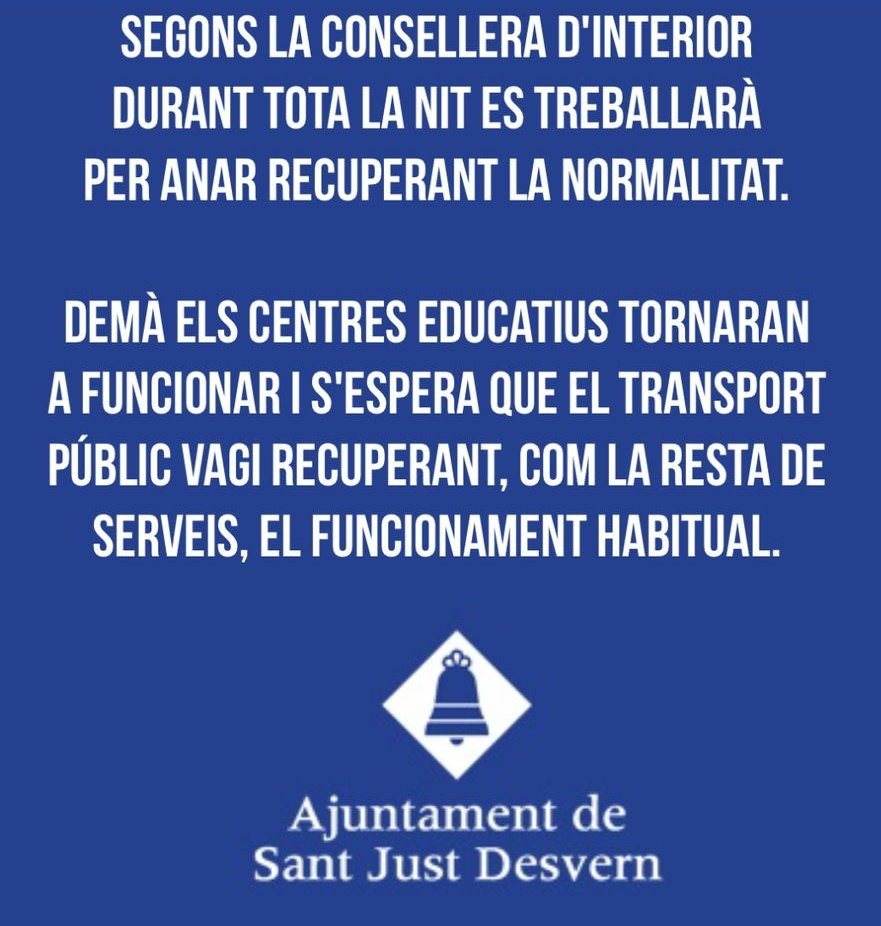 Ràdio Desvern (@radiodesvern) on Twitter photo 🚨‼️Bon dia #SantJust. A les 5h de la matinada <a href="/RedElectricaREE/">Red Eléctrica</a> informava que ja s'havia restablert el 92% del subministrament elèctric a l'Espanya peninsular.
👉A #SantJust s'ha recuperat quasi la totalitat. Pendents del subministrament d'aigua en algunes zones <a href="/ElNouMasLlui/">El nou Mas Lluí</a> 🚨‼️Bon dia #SantJust. A les 5h de la matinada <a href="/RedElectricaREE/">Red Eléctrica</a> informava que ja s'havia restablert el 92% del subministrament elèctric a l'Espanya peninsular.
👉A #SantJust s'ha recuperat quasi la totalitat. Pendents del subministrament d'aigua en algunes zones <a href="/ElNouMasLlui/">El nou Mas Lluí</a>