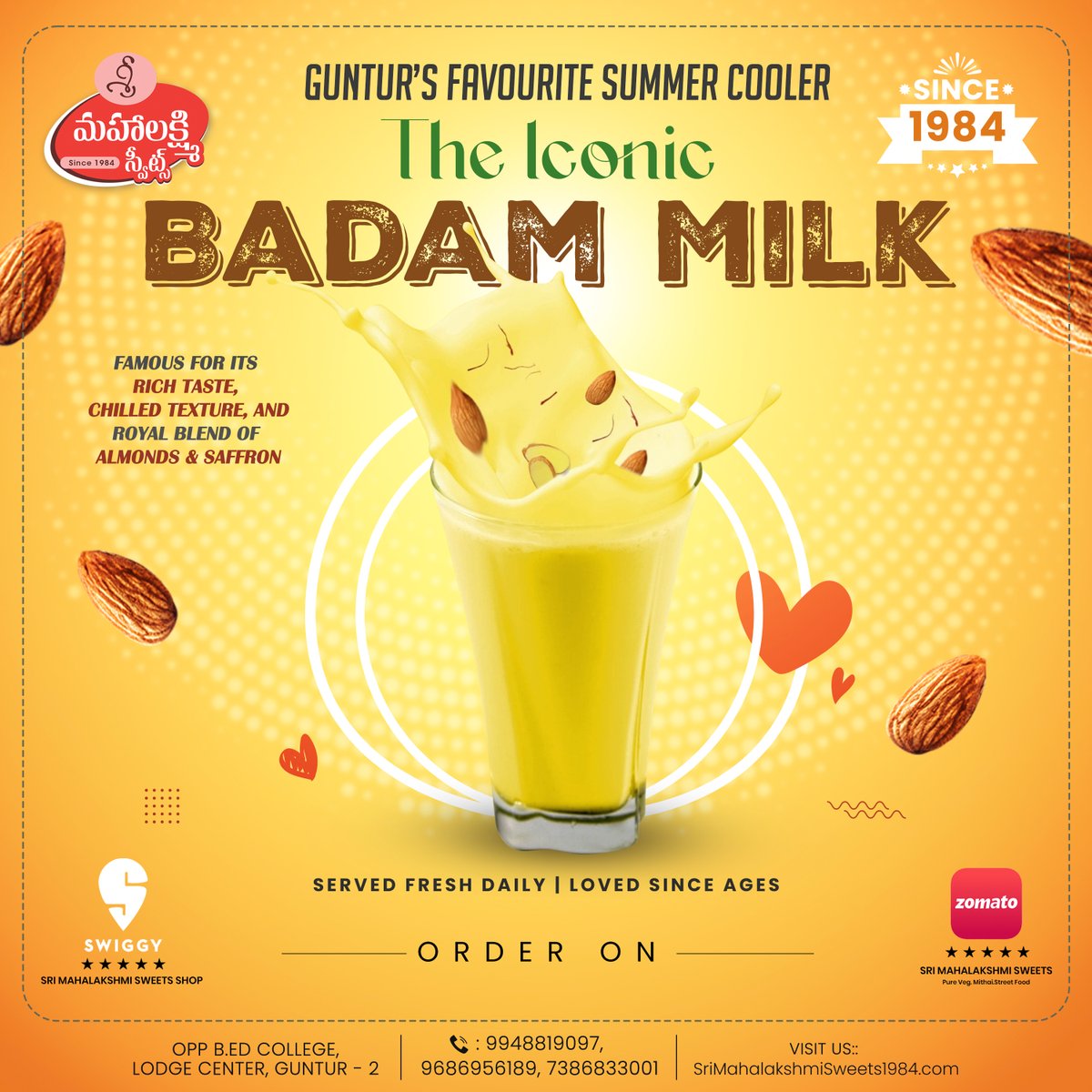 SMLSweets1984's tweet photo. Cool off with Guntur’s most iconic Badam Milk – rich, creamy, and infused with a royal blend of almonds &amp; saffron.

A summer favourite, served chilled and fresh every day at Sri Mahalakshmi Sweets 🥛✨

#BadamMilk #SummerCooler #SriMahalakshmiSweets #GunturSpecial #AlmondSaffron https://t.co/2DmtGSsSX8