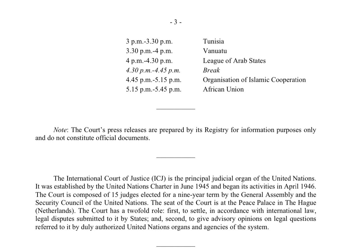 PresidencyZA's tweet photo. [SCHEDULE]: The schedule for the public hearings to be held on the request for an advisory opinion on the Obligations of Israel in relation to the Presence and Activities of the United Nations, Other International Organizations and Third States in and in relation to the Occupied Palestinian Territory.

🇿🇦 South Africa presents its oral statement this morning at 10h00.

🎥 Follow the live proceedings: https://t.co/n3lbf3cz9M