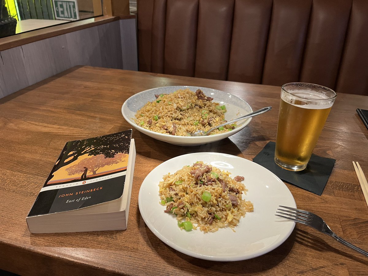 g3n13's tweet photo. just shot some pool and now i'm having happy hour fried rice and sapporo on draft. i read all quiet on the western front in a day, but east of eden makes me feel so sad i have to be in the right mood for it https://t.co/ApNRJTuoIw