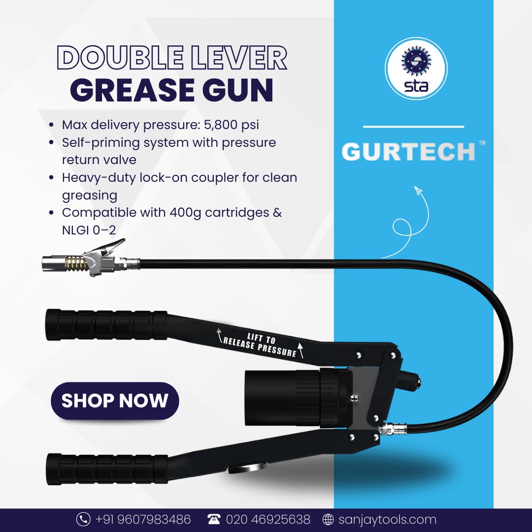 Sanjaytools's tweet image. Tired of messy greasing and pressure issues?
The Gurtech Double Lever Grease Gun delivers clean, controlled lubrication for tough industrial use.

📞 020 46925638 | +91 96079 83486
.
.
.
#Greasing #Gurtech #IndustrialTools #SanjayTools