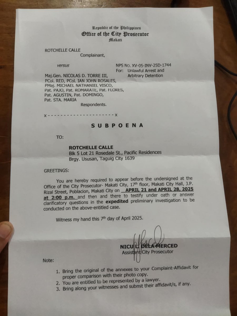 More case to come. 👏
Kinasuhan ni Ms. Calle sina Gen. Torre sa pag detain sa kanya under an alleged Interpol notice.

Ang subpoena sa baba ay yung pinadala sa umpisa ng kaso. Note yung mga respondents.