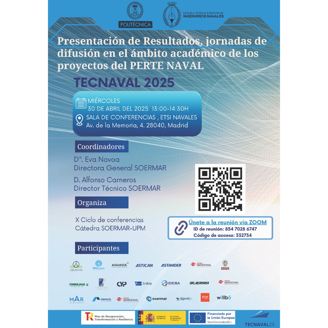 ETSIN_Oficial's tweet photo. Jornada de difusión en el ámbito académico de los resultados de TECNAVAL 2025
📅 Miércoles, 30 de abril de 2025
⌚ 13:00 a 14:30 h.
📌 @ETSIN_Oficial de @La_UPM
🔸 Organiza: Cátedra SOERMAR – UPM
También vía zoom:
https://t.co/GPmm6DPKgw
#etsinavales #soermar #pertenaval https://t.co/7cKMYfiSn8