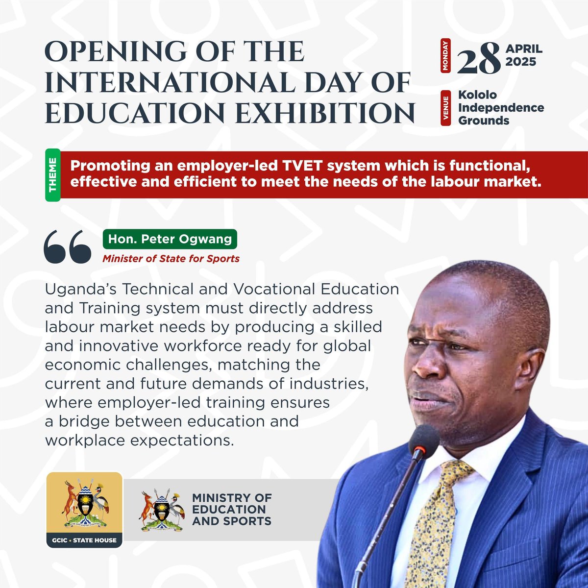 Educ_SportsUg's tweet photo. "Uganda's Technical and Vocational Education and Training system must directly address labor market needs by producing a skilled and innovative workforce ready for global economic challenges, matching the current and future demands of industries, ...". ~Hon. @OgwangOgwang
#IDEUg https://t.co/ZA3iPyaDbb