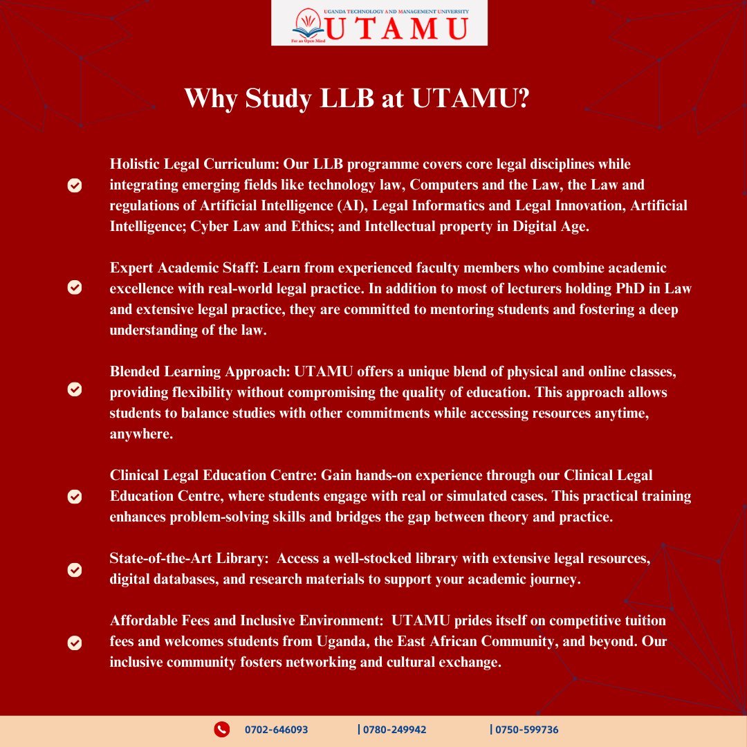 The Academic Registrar of UTAMU invites applications for the LLB program from Uganda, East Africa, and beyond! Apply now: utamu.ac.ug/bachelors-degr…

<a href="/utamu_uni/">UTAMU</a> <a href="/baryamureeba/">Prof. V Baryamureeba</a>
 #UgandaLaw #LawEducation