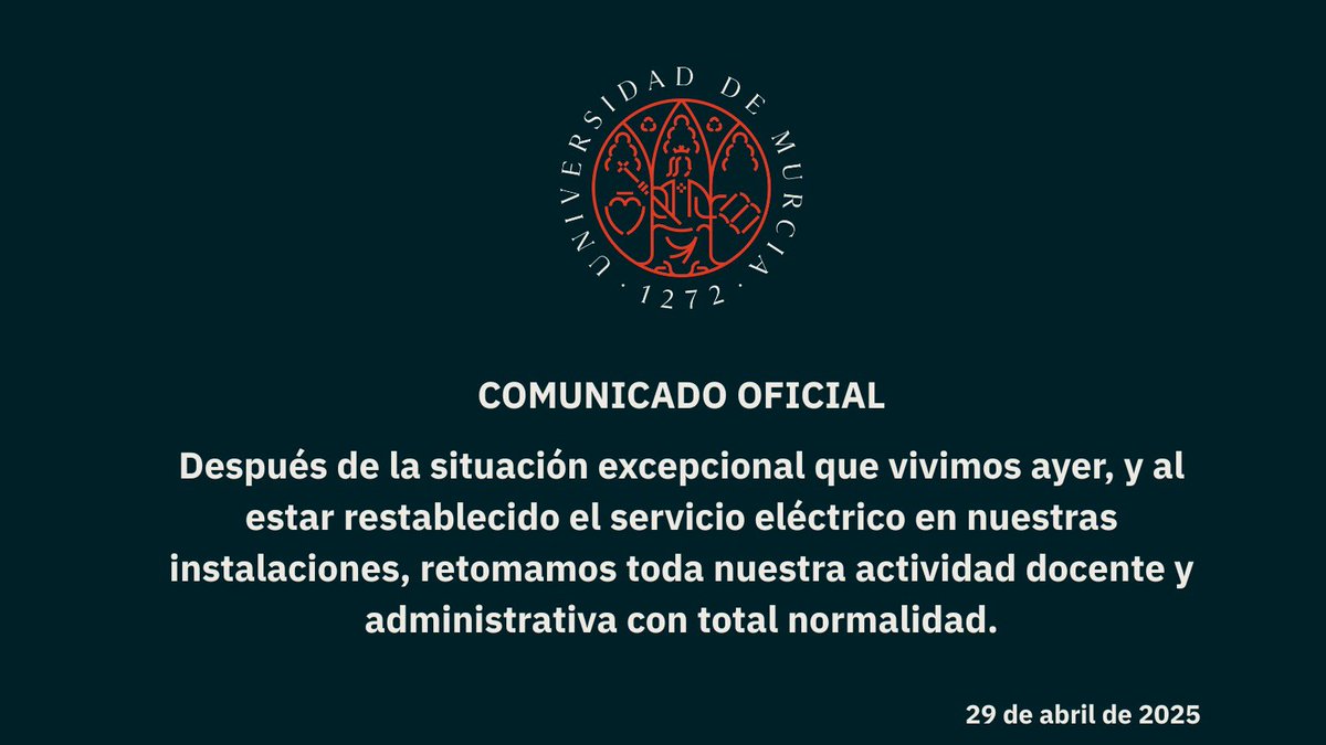COMUNICADO OFICIAL

Después de la situación excepcional que vivimos ayer, y al estar restablecido el servicio eléctrico en nuestras instalaciones, retomamos toda nuestra actividad docente y administrativa con total normalidad.
