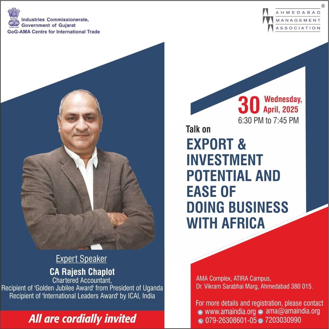 RajeshChaplotUG's tweet photo. Join us for an insightful talk on *Export &amp; Investment Potential and Ease of Doing Business with Africa.*
Gain valuable insights into trade and investment opportunities in Africa, understand the business landscape, and explore new growth avenues.
*Date:* Wednesday, April 30, 2025 https://t.co/7ofZjPBdku