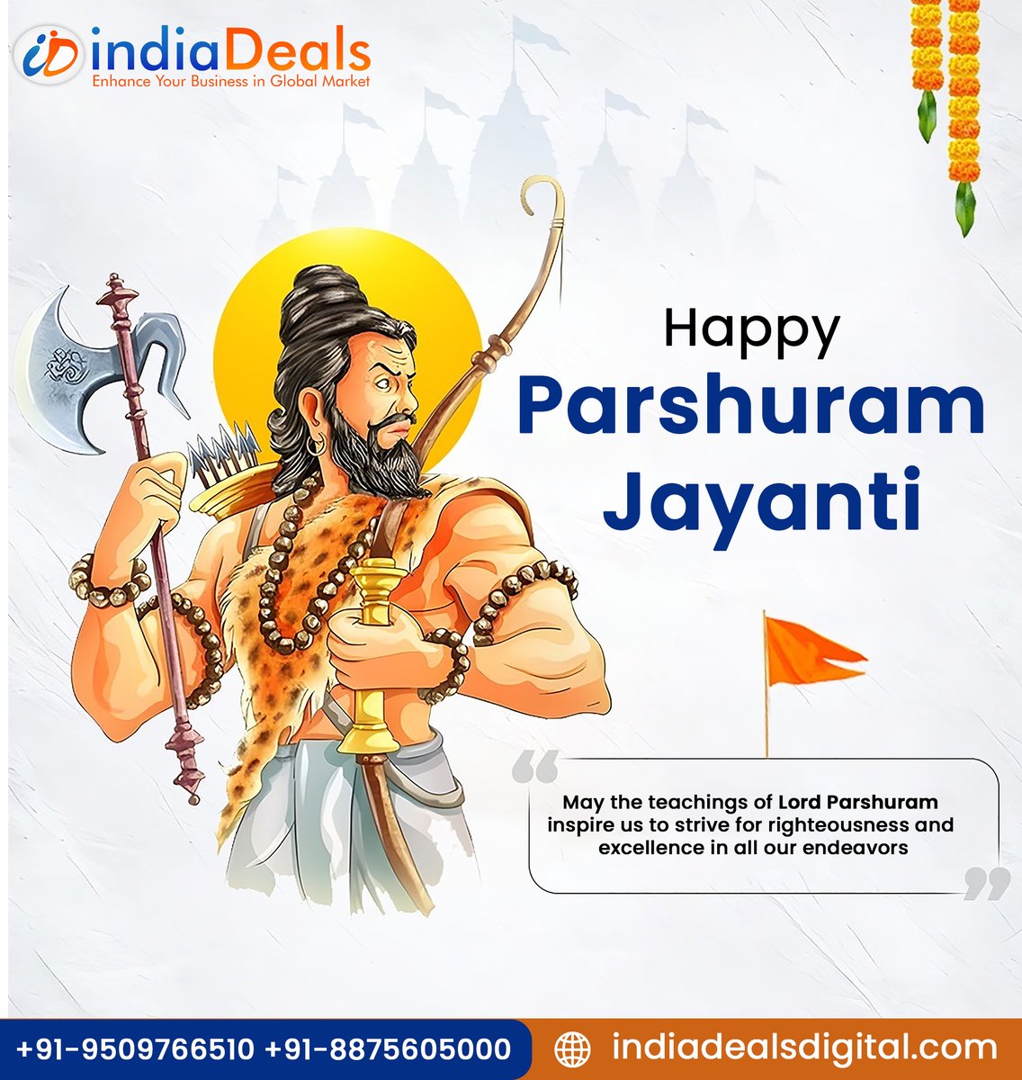 indiadeals5000's tweet photo. 🪔 Happy Parshuram Jayanti 🪔
:
✨ May the teachings of Lord Parshuram inspire us to strive for righteousness and excellence in all our endeavors ✨
:
📞 +91-8875605000 
🌐 https://t.co/j6kuwz7Y2f
:
#ParshuramPuja #DivineWarrior #CulturalHeritage #FestiveSpirit #HinduTradition https://t.co/La8lHHhmaP