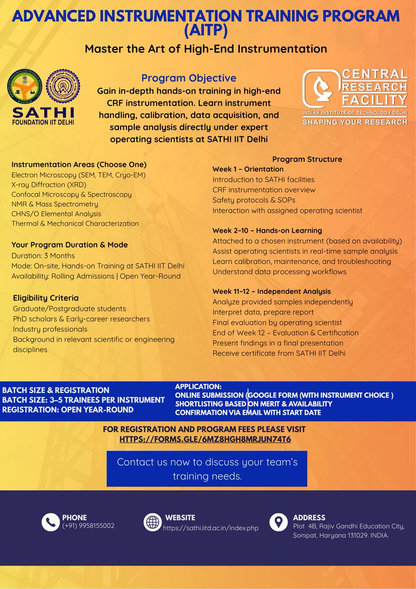 SATHI IITDelhi (@sathi_iitdelhi) on Twitter photo ๐ Join the Advanced Instrumentation Training Program (AITP) at SATHI IIT Delhi!
๐ฌ Hands-on, 3-month training | Open year-round | Apply now: forms.gle/6MZ8HGH8MRJUN7โฆ <a href="/Pratishtha_DST/">Dr. Pratishtha Pandey</a> <a href="/karandi65/">Abhay Karandikar</a> <a href="/IndiaDST/">DSTIndia</a> <a href="/iitdelhi/">IIT Delhi</a> ๐ Join the Advanced Instrumentation Training Program (AITP) at SATHI IIT Delhi!
๐ฌ Hands-on, 3-month training | Open year-round | Apply now: forms.gle/6MZ8HGH8MRJUN7โฆ <a href="/Pratishtha_DST/">Dr. Pratishtha Pandey</a> <a href="/karandi65/">Abhay Karandikar</a> <a href="/IndiaDST/">DSTIndia</a> <a href="/iitdelhi/">IIT Delhi</a>