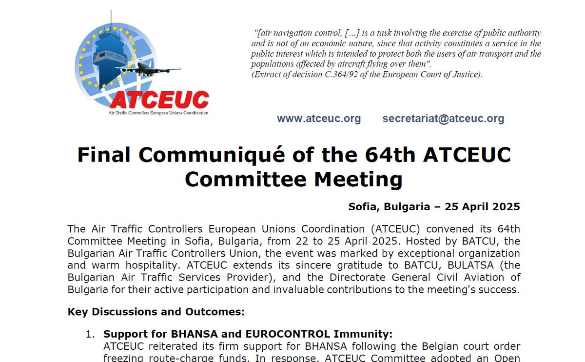 Final Communiqué of the 64th ATCEUC Committee Meeting, held in Sofia 🇧🇬 from 22 to 25 April 2025
Key outcomes: EUROCONTROL immunity, network delays, Ukraine airspace, fatigue rules, and RP4 performance plans.
Full text available at ➡️ atceuc.org