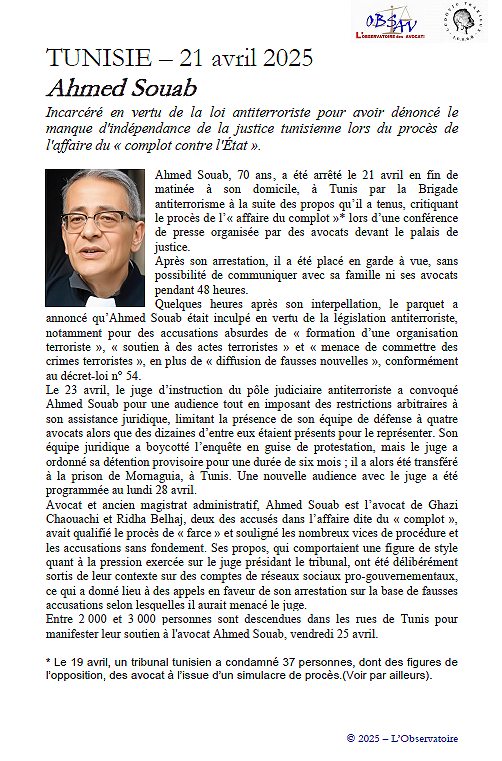 IDHBARBOR's tweet photo. TUNISIE – 21 avril 2025
Ahmed Souab
Incarcéré en vertu de la loi antiterroriste pour avoir dénoncé le manque d'indépendance de la justice tunisienne lors du procès de l'affaire du « complot contre l'État »... https://t.co/1T7UMxaxle