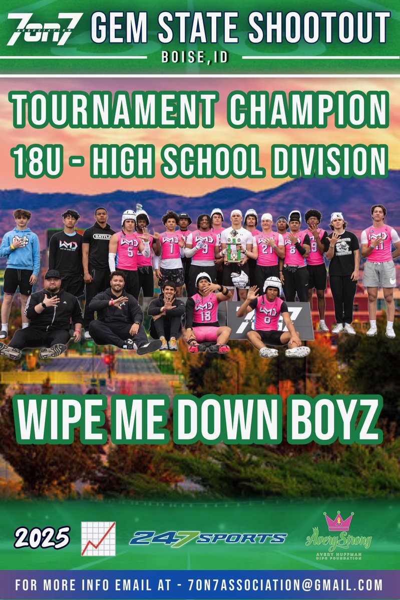 7on7 Association (@the7on7nw) on Twitter photo Congrats To <a href="/WipeMeDownBoyz/">Wipe Me Down Boyz</a> For Winning <a href="/The7on7NW/">7on7 Association</a> 2025 Gem State Shootout !
π 18U - High School Division π
This Team Has Been Extremely Hard To Beat π They Have Major Talent & Are Going Home With Another Championship Trophy πβΌοΈ
the7on7association.com Congrats To <a href="/WipeMeDownBoyz/">Wipe Me Down Boyz</a> For Winning <a href="/The7on7NW/">7on7 Association</a> 2025 Gem State Shootout !
π 18U - High School Division π
This Team Has Been Extremely Hard To Beat π They Have Major Talent & Are Going Home With Another Championship Trophy πβΌοΈ
the7on7association.com