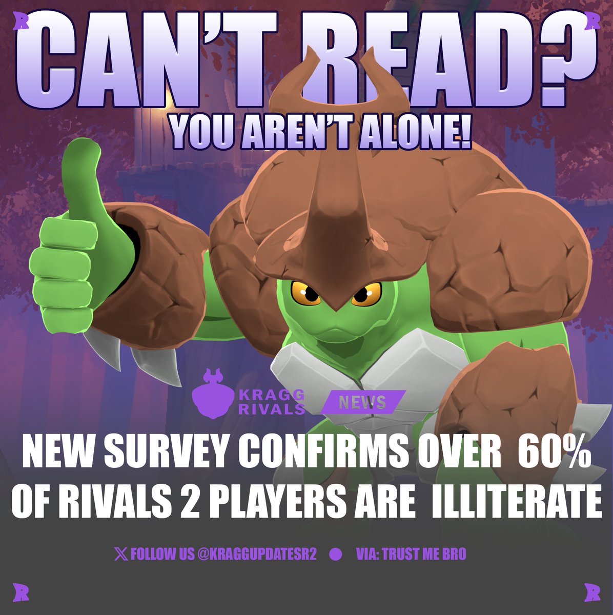 KraggUpdatesR2's tweet photo. A new survey has found that over 60% of #RivalsOfAether players are ILLITERATE 📖 https://t.co/u7ZOafvR7I