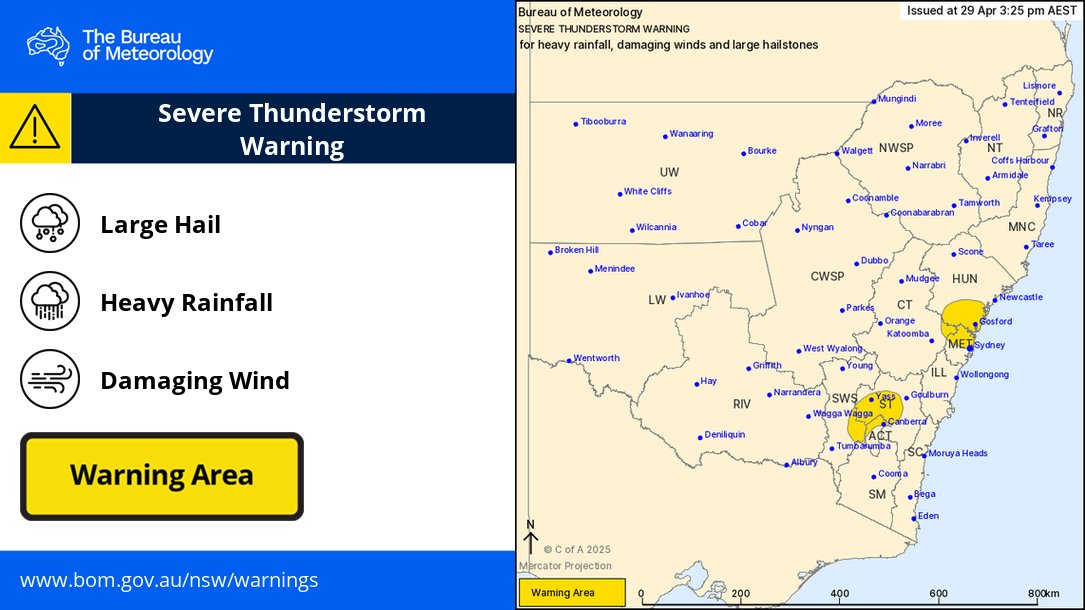 BOM_ACT's tweet photo. ⚠️ 3:25pm ⛈️ Severe Thunderstorm Warning issued for #HeavyRain #DamagingWinds and #LargeHail in parts of the greater #Sydney area & to the north of #Canberra.
Warning updates: https://t.co/k3SP3KVXdO https://t.co/EVbiHm5UQC