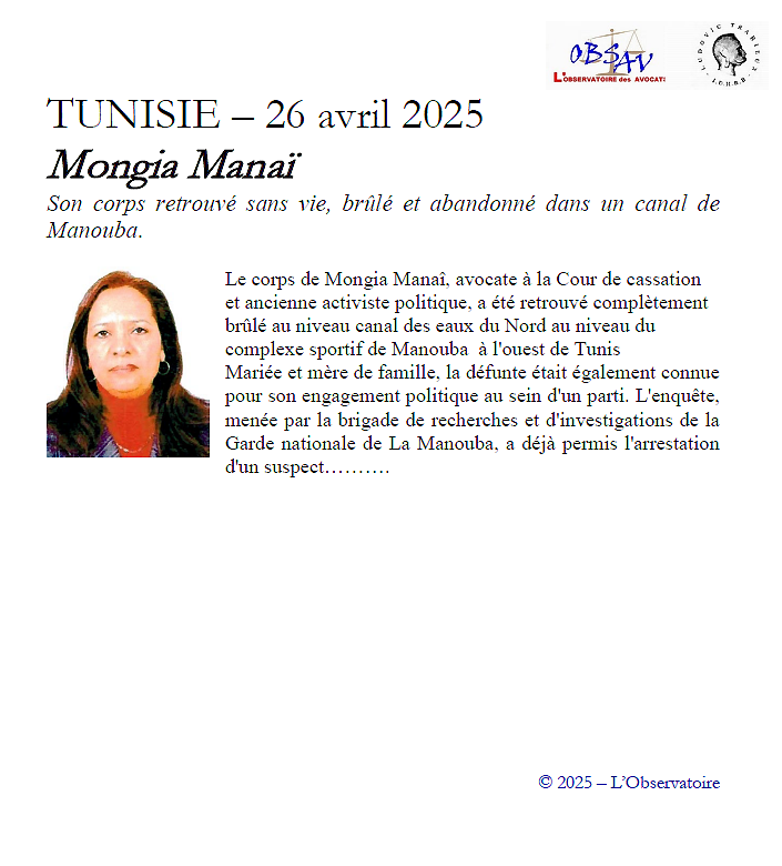 IDHBARBOR's tweet photo. TUNISIE – 26 avril 2025
Le corps de Mongia Manaî, avocate à la Cour de cassation et ancienne activiste politique, a été retrouvé complètement brûlé au niveau canal des eaux du Nord au niveau du complexe sportif de Manouba  à l'ouest de Tunis https://t.co/Dkkvza1n8c