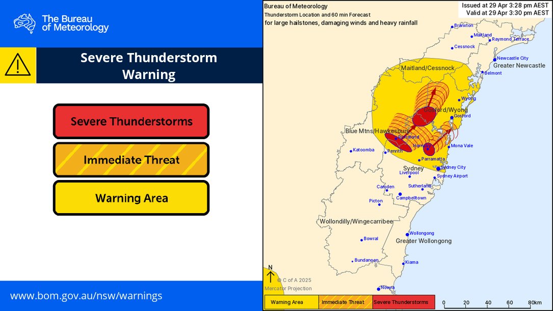 ⚠️ 3:28pm ⛈️ Severe Thunderstorm Warning issued for #HeavyRain #DamagingWinds and #LargeHail in Blue Mountains/Hawkesbury, Gosford/Wyong, Sydney and Maitland/Cessnock areas.

Warning updates: bom.gov.au/products/IDN21…