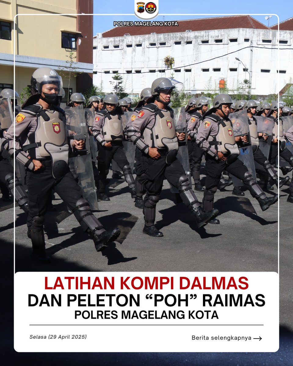 hmsresmglkota's tweet photo. Pagi hari ini, Polres Magelang Kota kembali melaksanakan latihan rutin Kompi Dalmas dan Peleton Power On Hand Raimas di halaman Mapolres setempat, Selasa (29/4/2025).
#polresmagelangkota #polri #polrihadiruntuknegeri #dalmas #raimas https://t.co/eTnYp2kfpG