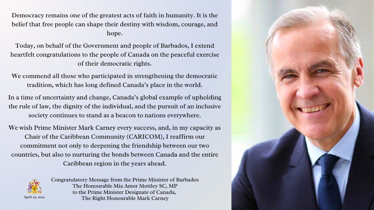 My congratulatory message to the Prime Minister of Canada, The Right Honourable Mark Carney.