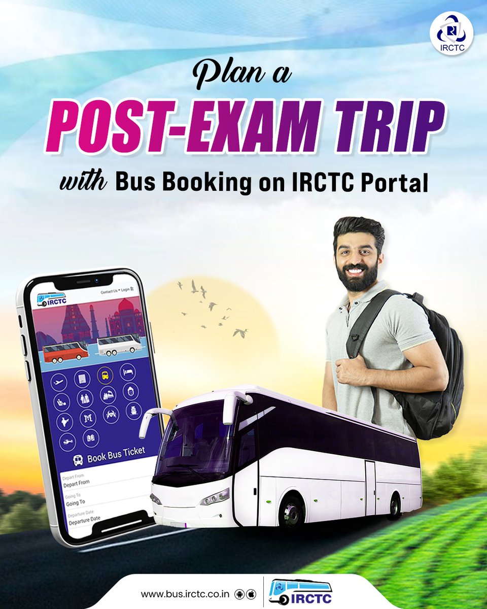 IRCTCofficial's tweet photo. Books down, bags up!

Celebrate the end of exam season with a well-deserved group getaway—book your ride with Bus Booking on IRCTC Portal.

Visit https://t.co/zptKFg397a now!

#TravelWithIRCTC #IRCTCWay https://t.co/aa9m1fTea1