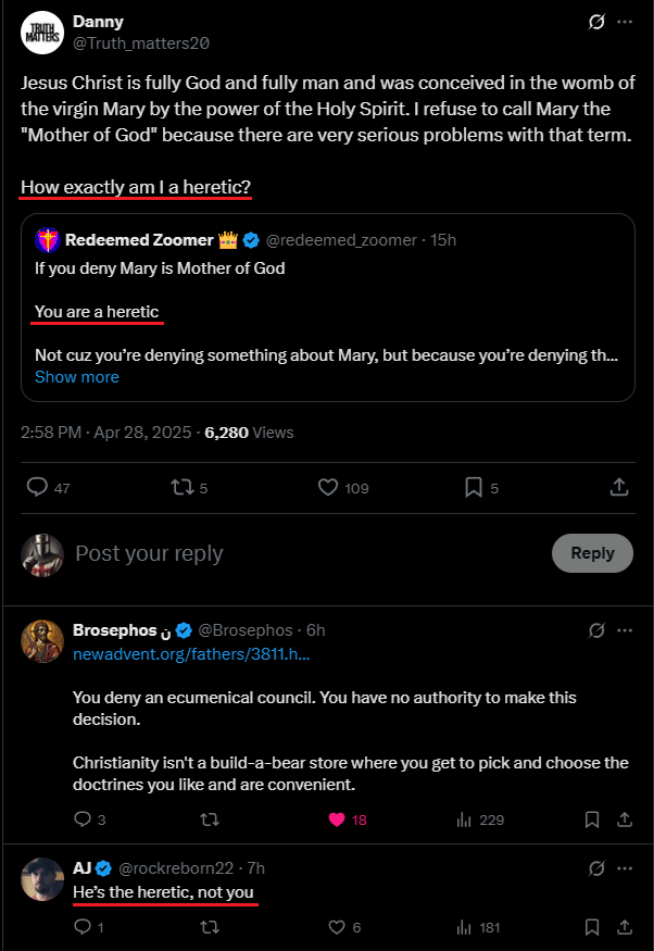 BishopJaxi's tweet photo. All of these Protestants claim Sola Scriptura.
All read the same Bible.
All disagree.
All call each other heretics.
So… who is practicing Sola Scriptura correctly?
Who decides who’s right?
Who has the authority to settle it?

This is Protestantism.
Everyone claims the Bible is the ultimate authority while treating their own interpretation as infallible.

No unity. No authority. Just chaos.
Christ did not build a Church like this.