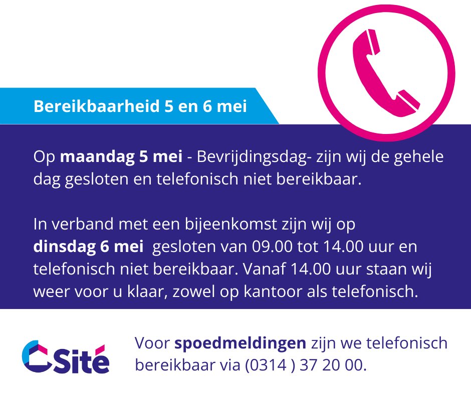 Op 5 en 6 mei hebben we gewijzigde openingstijden:
Op maandag 5 mei – Bevrijdingsdag – zijn wij de gehele dag gesloten. Op dinsdag 6 mei zijn wij gesloten van 09.00 – 14.00 uur.
Voor spoedmeldingen zijn we telefonisch bereikbaar via (0314) 37 20 00.