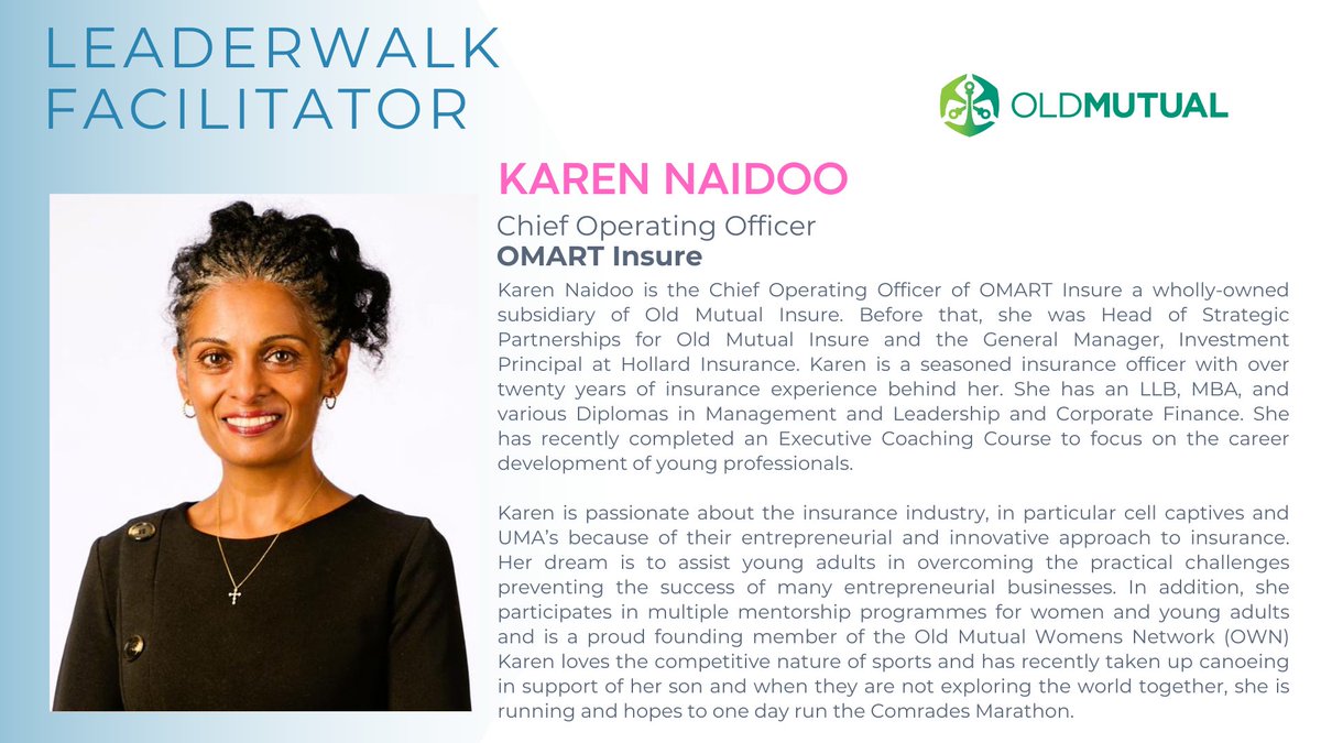 Gauteng Women In Ins (@gwii_sti) on Twitter photo Our GWII LEADERWALK taking place 8 May presents our esteemed VIP facilitators: Karen Naidoo (OMART Insure)
<a href="/OldMutualSA/">Old Mutual SA</a> Our GWII LEADERWALK taking place 8 May presents our esteemed VIP facilitators: Karen Naidoo (OMART Insure)
<a href="/OldMutualSA/">Old Mutual SA</a>