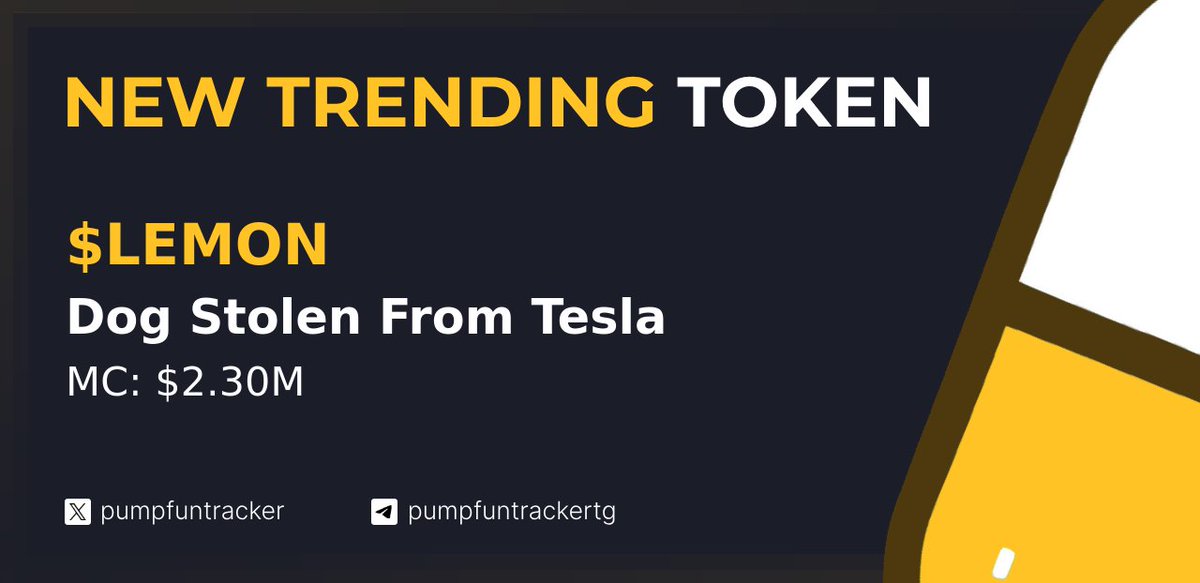 ⚡️ NEW TRENDING TOKEN DETECTED ⚡️

Dog Stolen From Tesla | $LEMON has been detected on the Pumpfun now-trending board @ 2.3M MC

Trend: Desperate Plea From Trenches for Elon to Help Find Dog Lost From a Tesla

CA: CjqxraDuTMEcfhdqY8qEaMY43icdBrkt3EXciNVpump