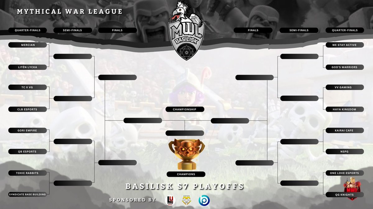 We would like to congratulate all the clans who made it into MWL Season 7 Playoffs!

Good luck on your upcoming wars! 🥂 

Sphinx: Semi Finals Sphinx Division 
Redcap: Semi Finals Redcap Division 
Griffin: Semi Finals Griffin Division 
Basilisk: Quarterfinals Basilisk Division