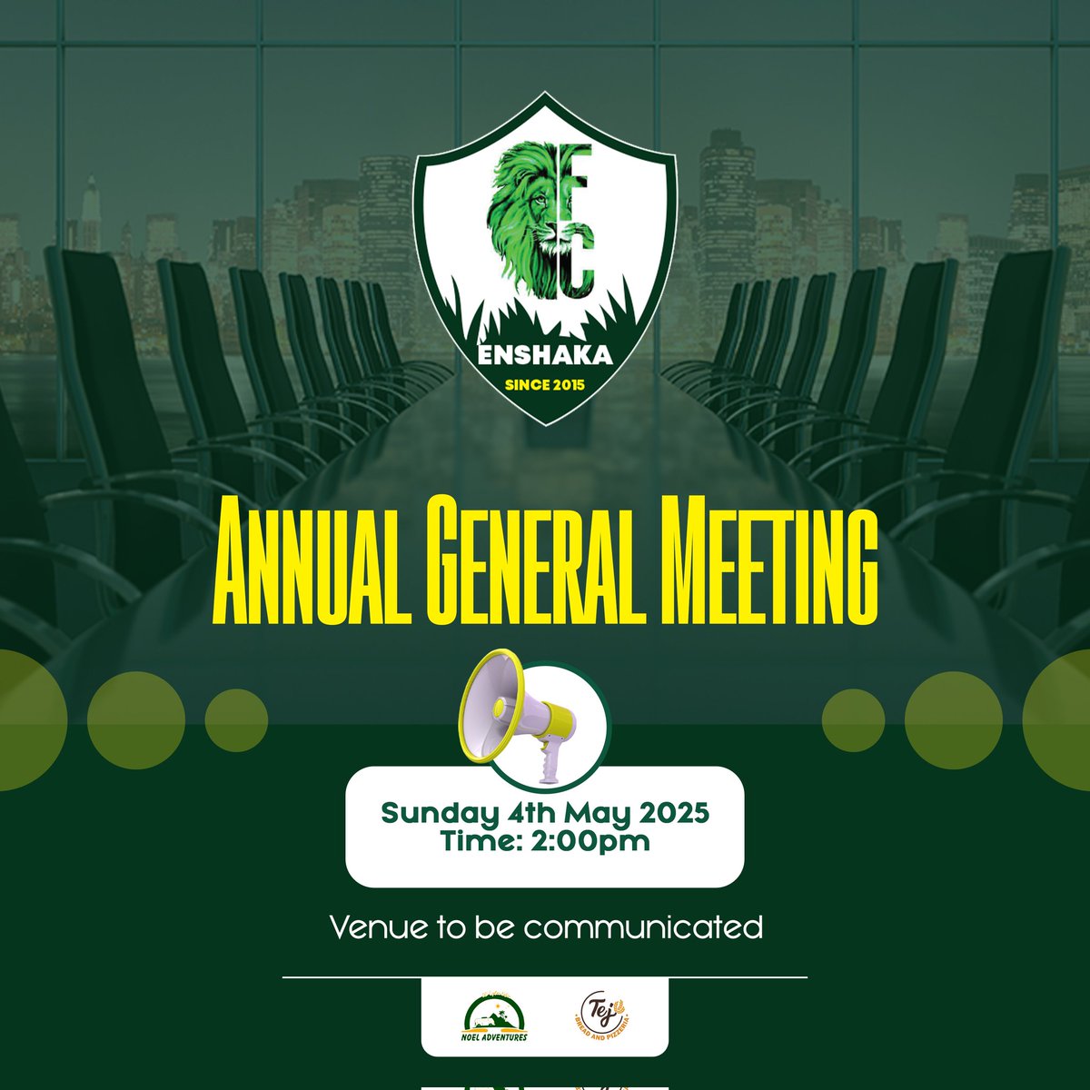 FC Enshaka (@enshakafc) on Twitter photo Notice of Invitation ‼️‼️
To all members of Enshaka FC, sponsors and well wishers, our AGM will hold this Sunday 4th May.
Come through for good vibes, evaluation, and planning 🥳🌟
Venue: TBC shortly.
Sponsored by <a href="/tejbreadandpizz/">TEJ Bread and Pizzeria 🍞 🍕</a> and <a href="/noel_adventures/">Denoel Adventures & Safaris</a> Notice of Invitation ‼️‼️
To all members of Enshaka FC, sponsors and well wishers, our AGM will hold this Sunday 4th May.
Come through for good vibes, evaluation, and planning 🥳🌟
Venue: TBC shortly.
Sponsored by <a href="/tejbreadandpizz/">TEJ Bread and Pizzeria 🍞 🍕</a> and <a href="/noel_adventures/">Denoel Adventures & Safaris</a>