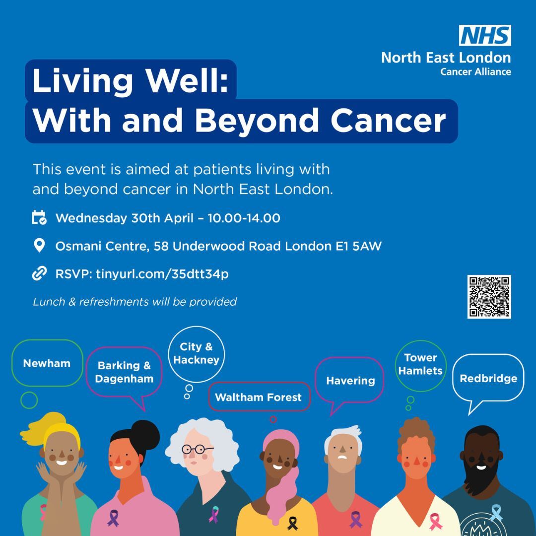 Final call to register for our free Living Well event! - Tomorrow is the day!

🗓 Wednesday 30 April | 10am–2pm
📍 Osmani Centre, E1 5AW
🎟 Free registration: bit.ly/41XRNmj

#NELCancerAlliance #FinalCall #CancerSupportEvent #LifeAfterCancer #LondonHealthEvents