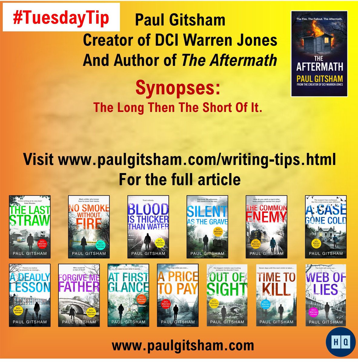 Dr Paul Gitsham (The Aftermath - out now) (@dcijoneswriter) on Twitter photo Welcome to this week's #TuesdayTip!
I might not be an expert, but after 14 books Iāve learned a thing or two.
"Synopses. The Long Then The Short Of It."
Follow the link paulgitsham.com/writing-tips/tā¦
R U a writer with a tip? DM me
#TheAftermath
#WritingTips
<a href="/CrimeReaders/">The Crime Readersā Association</a>
@theCWA Welcome to this week's #TuesdayTip!
I might not be an expert, but after 14 books Iāve learned a thing or two.
"Synopses. The Long Then The Short Of It."
Follow the link paulgitsham.com/writing-tips/tā¦
R U a writer with a tip? DM me
#TheAftermath
#WritingTips
<a href="/CrimeReaders/">The Crime Readersā Association</a>
@theCWA