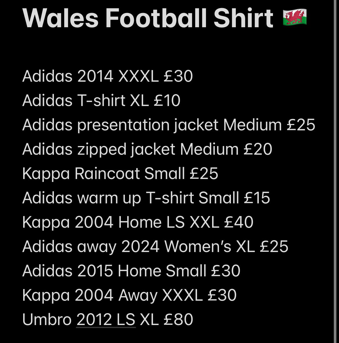 Wales Football shirt 🏴󠁧󠁢󠁷󠁬󠁳󠁿 

What’s left from original posts

Drop a message - 📦