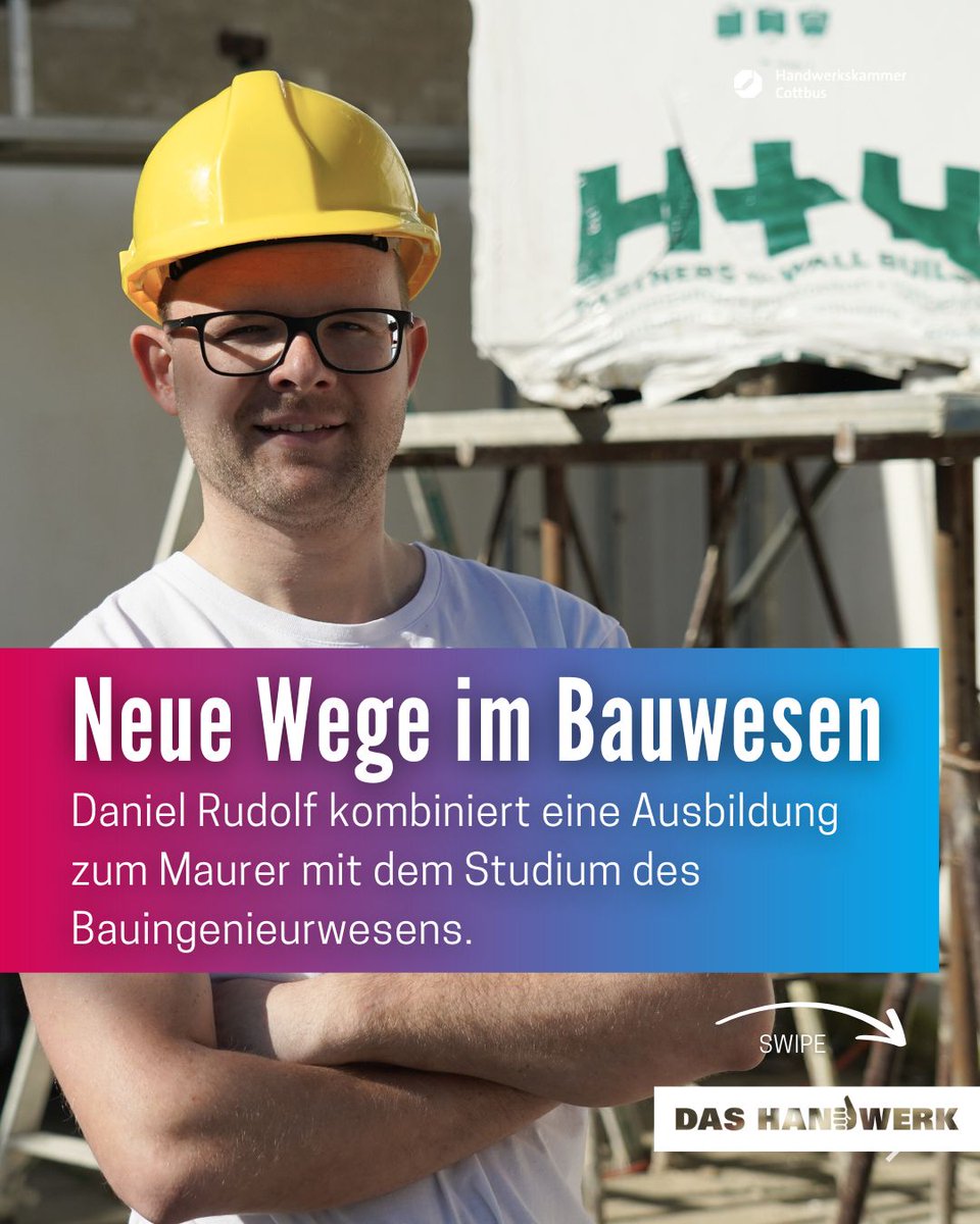 Wie cool ist das bitte? Daniel zeigt, wie du das Beste aus beiden Welten vereinen kannst. Für seine Leistungen auf der Baustelle und in der Uni ist er unser Lehrling des Monats - hwk-cottbus.de/aktuell
