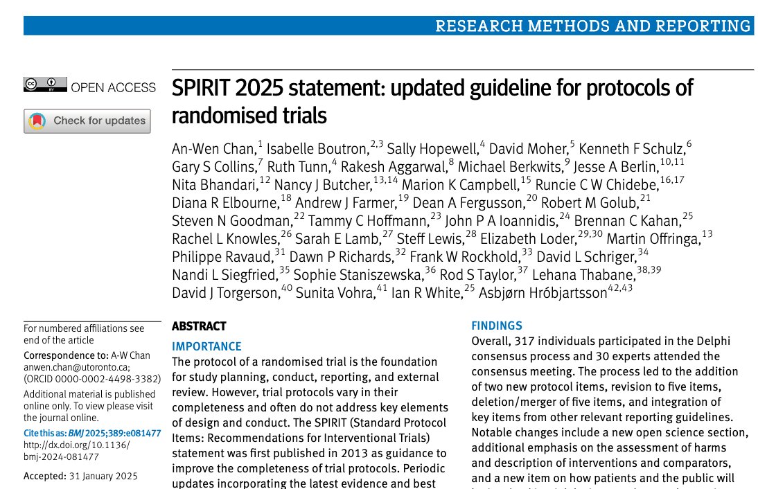 Gary Collins (@gscollins) on Twitter photo NEW PAPER: Updated SPIRIT-2025 for reporting protocols of randomised trials is now available in the <a href="/bmj_latest/">The BMJ</a> <a href="/JAMA_current/">JAMA</a> <a href="/TheLancet/">The Lancet</a> <a href="/NatureMedicine/">Nature Medicine</a> <a href="/PLOSMedicine/">PLOS Medicine</a>
—> bmj.com/content/389/bm…
#openscience #transparency #medX #statsX #epiX NEW PAPER: Updated SPIRIT-2025 for reporting protocols of randomised trials is now available in the <a href="/bmj_latest/">The BMJ</a> <a href="/JAMA_current/">JAMA</a> <a href="/TheLancet/">The Lancet</a> <a href="/NatureMedicine/">Nature Medicine</a> <a href="/PLOSMedicine/">PLOS Medicine</a>
—> bmj.com/content/389/bm…
#openscience #transparency #medX #statsX #epiX