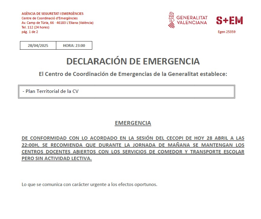 CIPFP CATARROJA. Centro Integrado Público de FP (@fpcatarroja) on Twitter photo 📢ATENCIÓN!!!!➡️El apagón eléctrico que hemos sufrido y declararse el nivel de emergencia 3 el centro permanecerá abierto pero sin actividad lectiva.
<a href="/GVAlabora/">GVA LABORA</a> <a href="/GVAeducacio/">GVA Educació</a> <a href="/GvaSomFP/">GVASomFP</a> #CIPFPCatarroja #CIPFP #Catarroja #FP #Formaciónprofesional 📢ATENCIÓN!!!!➡️El apagón eléctrico que hemos sufrido y declararse el nivel de emergencia 3 el centro permanecerá abierto pero sin actividad lectiva.
<a href="/GVAlabora/">GVA LABORA</a> <a href="/GVAeducacio/">GVA Educació</a> <a href="/GvaSomFP/">GVASomFP</a> #CIPFPCatarroja #CIPFP #Catarroja #FP #Formaciónprofesional