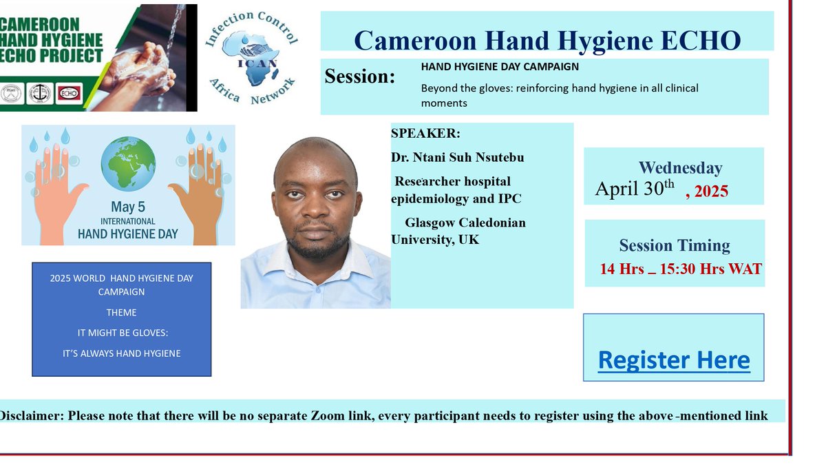 Cameroon Hand Hygiene Echo

Topic: Hand Hygiene Day Campaign Beyond the gloves: reinforcing hand hygiene in all clinical moments
Thursday, 30 April 2025
Session Timing 14:00 – 15:30 WAT

Register in advance for this meeting:
iecho.org/public/program…