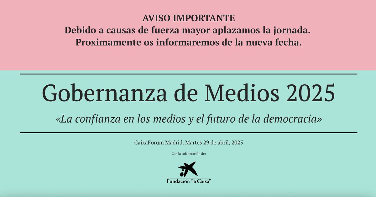 Fundación Haz (@fundacionhaz) on Twitter photo Lamentablemente, hemos tenido que posponer la jornada de 'Gobernanza de Medios'. Os informaremos pronto sobre la nueva fecha... <a href="/Observa_Medios/">Observatorio de Medios e Información Responsable</a> <a href="/jmcavanna/">javier cavanna</a> <a href="/ElenaHeBe/">ElenaHerreroBeaumont</a> Lamentablemente, hemos tenido que posponer la jornada de 'Gobernanza de Medios'. Os informaremos pronto sobre la nueva fecha... <a href="/Observa_Medios/">Observatorio de Medios e Información Responsable</a> <a href="/jmcavanna/">javier cavanna</a> <a href="/ElenaHeBe/">ElenaHerreroBeaumont</a>
