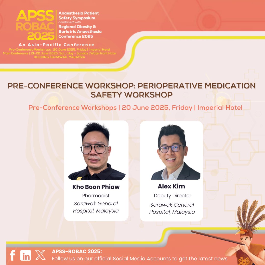 Meet the experts at the APSS-ROBAC 2025 Pre-Conference Workshop!
Discover safe medication practices from pre-op to post-op and boost patient safety.
Don’t miss out!
#APSSROBAC2025 #APSSROBAC #PatientSafety #Bariatric #Anaesthesia #RegionalAnaesthesia