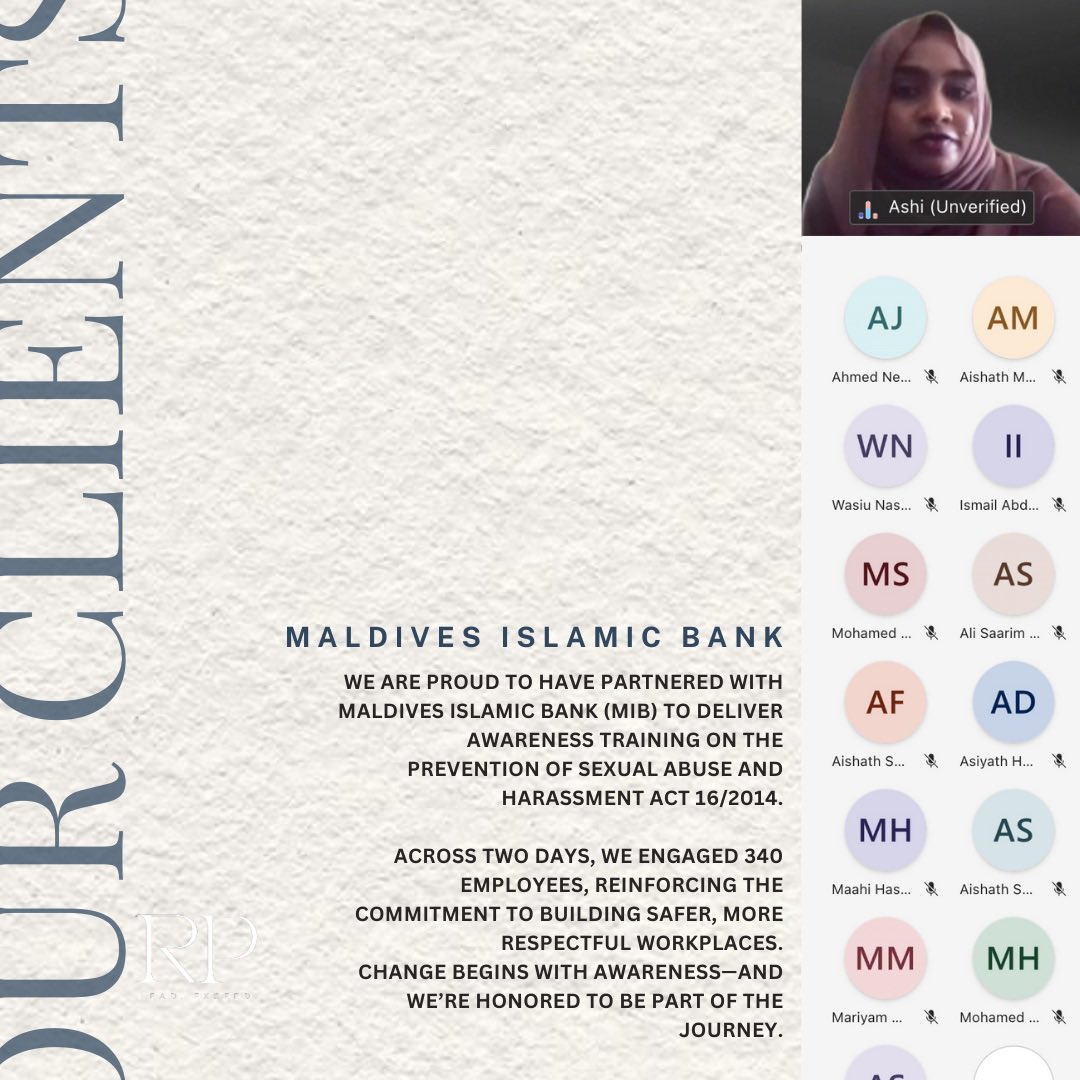 Creating safer, more respectful workplaces begins with meaningful action. Proud to have partner with @maldivesislamicbank to strengthen awareness, dignity and trust across the workplace. Together, we can build environments where every individual feels safe, valued, and respected