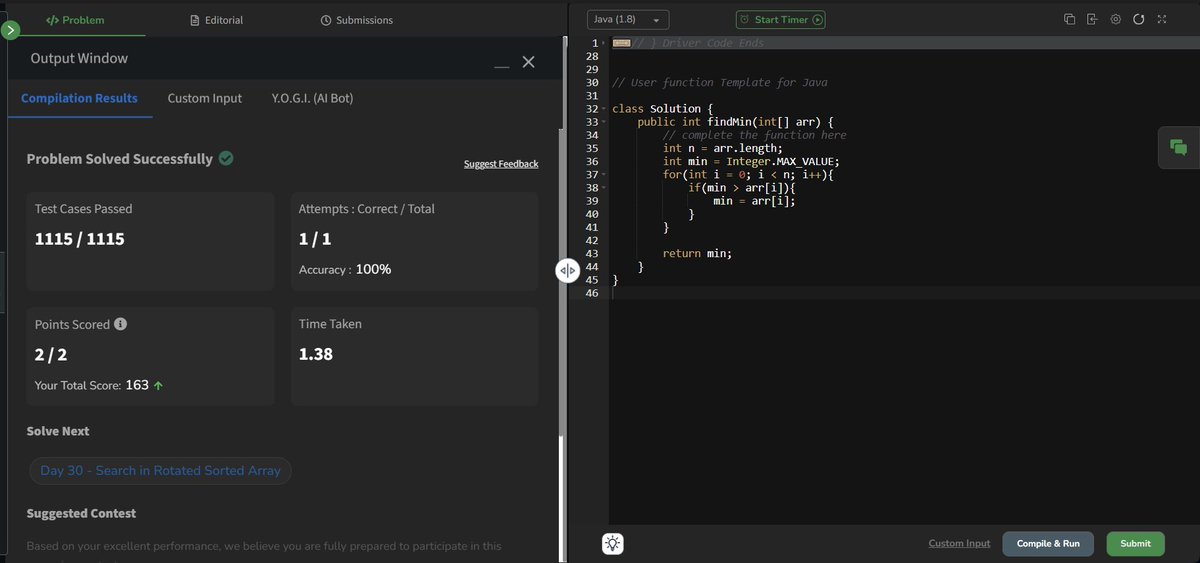 RaunakSachdeva_'s tweet photo. 🚀 Day 31/160 GFG Coding Challenge Solved!
🔥 Problem: Minimum in Rotated Sorted Array
✅ Scanned array for minimum efficiency!
💡 Key Insight: Straightforward linear check before jumping to binary!
#GFG160 #GeekStreak2025 #DSA #Arrays #RotatedArray https://t.co/nwFCkJXCy7