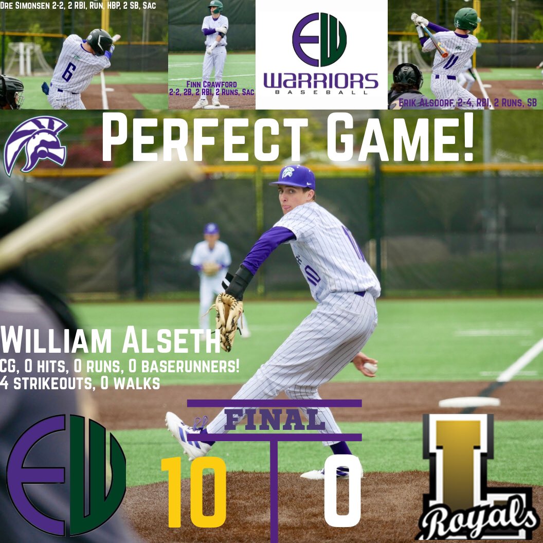 Your Warriors take down the Lynnwood Royals at home today 10-0. The offense was hot and EW starting pitcher William Alseth threw a run rule, shortened perfect game! Nobody reached base off William and he struck out 4 batters! Way to go William and Warriors!