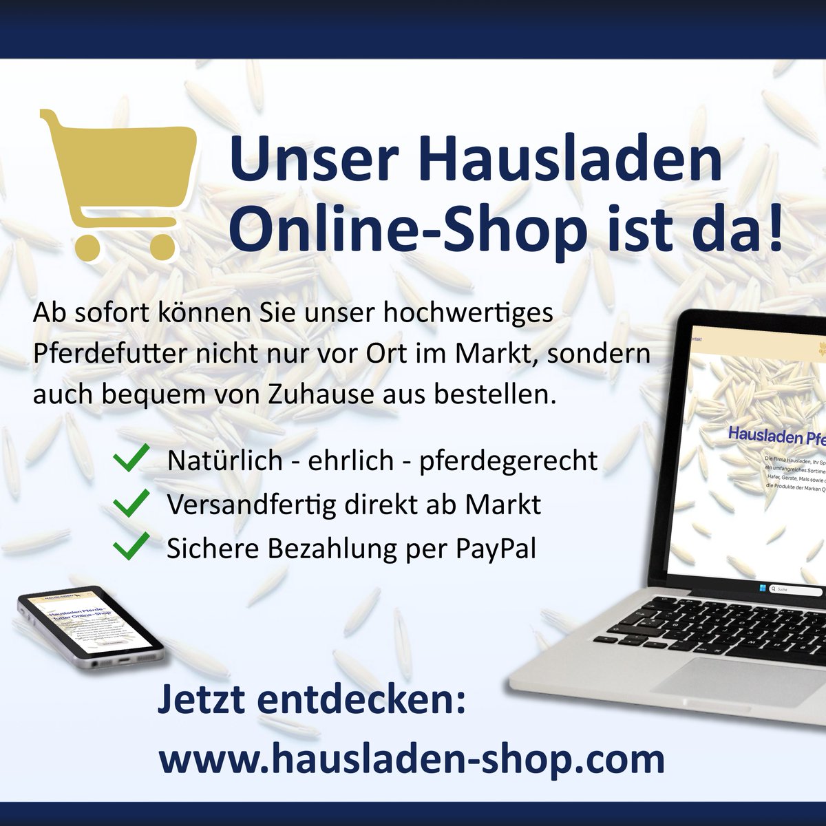 HPferdefutter's tweet image. Ihr schafft es diese Woche nicht zum Markt, aber euer Futter geht zur Neige?
Ihr wohnt zu weit weg, um bei uns direkt vorbei zu kommen?
Ab jetzt gibt es unsere Marken in gewohnter Qualität auch online.
#hausladenonlineshop #quadriga #hdbregio #mevia #hofmannblueline