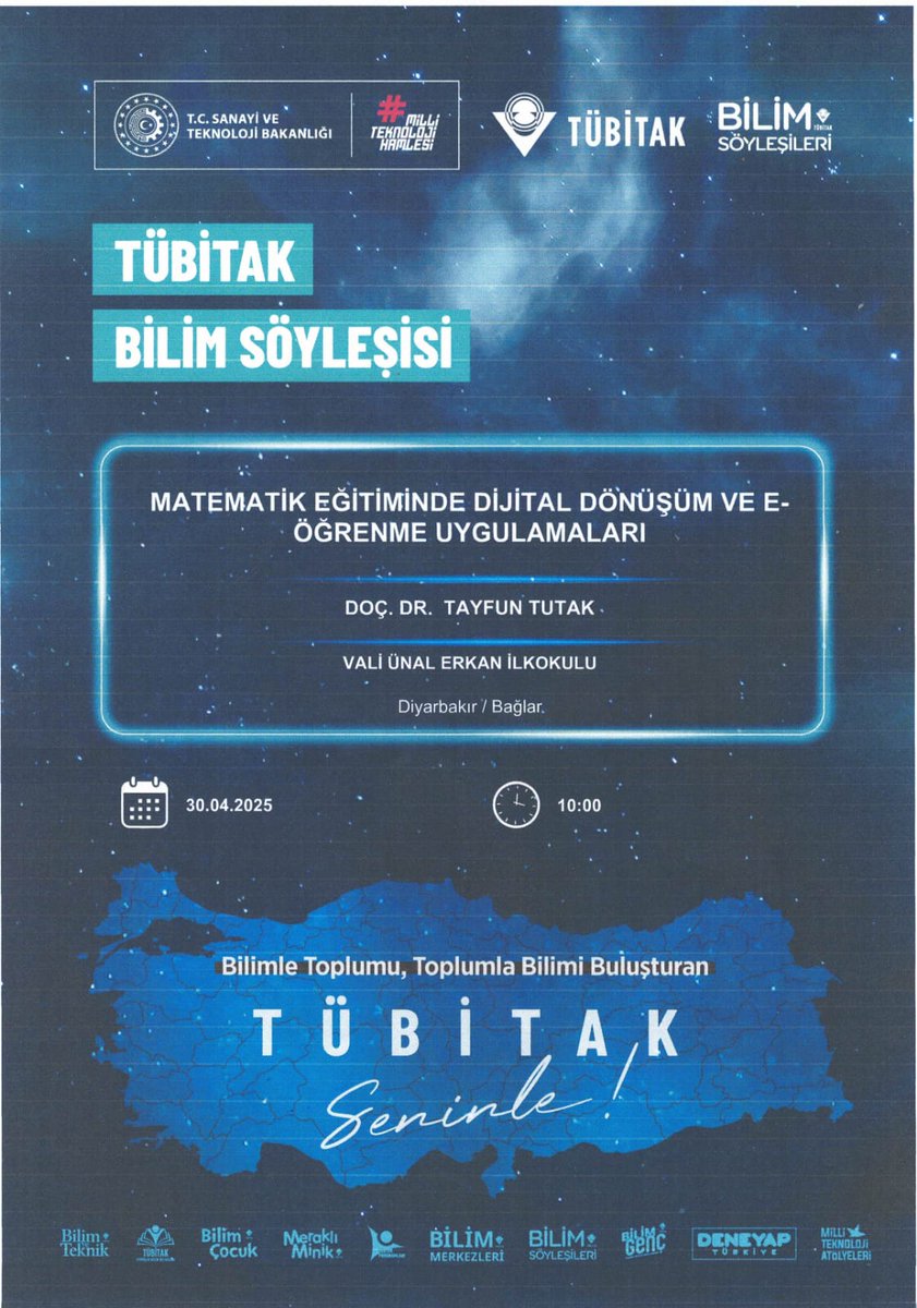 Tübitak Bilim Söyleşileri kapsamında  okulumuzda bu hafta  Doc. Dr. Tayfun  Tutak hocamızın "Matematik Eğitiminde  Dijital Dönüşüm ve E-Öğrenme  Uygulamaları" konulu söyleşisi gerçekleşecek.
<a href="/Tubitak/">TÜBİTAK</a> 
<a href="/bilimletoplum/">Bilimle Toplum Buluşuyor</a>
<a href="/Diyarbakirmem/">Diyarbakır İl Millî Eğitim Müdürlüğü</a> 
<a href="/BaglarMEM21/">Bağlar İlçe Milli Eğitim Müdürlüğü</a> 
<a href="/Baglarproje21/">Baglar İlçe Mem Özel Büro (Proje Ekibi)</a>