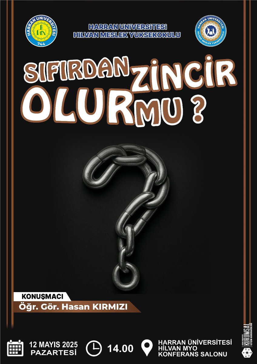 “Sıfırdan zincir olur mu?” başlıklı söyleşi, 12 Mayıs 2025 Pazartesi günü saat 14.00’te Hilvan MYO Konferans Salonu’nda Öğr. Gör. Hasan KIRMIZI’nın katılımıyla gerçekleşecektir. Tüm öğrencilerimiz davetlidir. <a href="/hrumedya/">Harran Üniversitesi</a> <a href="/mtahirgulluoglu/">Prof. Dr. Mehmet Tahir GÜLLÜOĞLU</a> <a href="/hkkirmizi63/">Hasan Kırmızı</a> #HarranÜniversitesi #HilvanMYO
