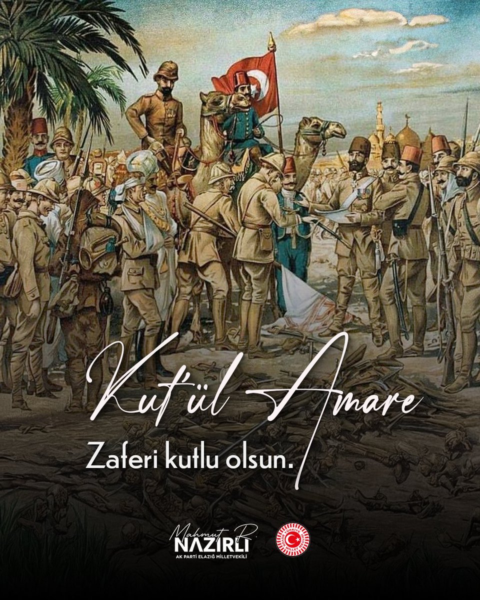İngilizlere "bizi terk ettiniz" yakarışlarında bulunanlara inat, 13 bin 300 İngiliz askeri ile 13 general ve 481 subayın esir alındığı Kut'ül Amare Zaferi'ni 109. yıldönümünde hakkıyla hatırlamalı ve anmalıyız.

Tüm şehitlerimizi rahmetle anıyorum.

Şanlı zaferimiz kutlu olsun.