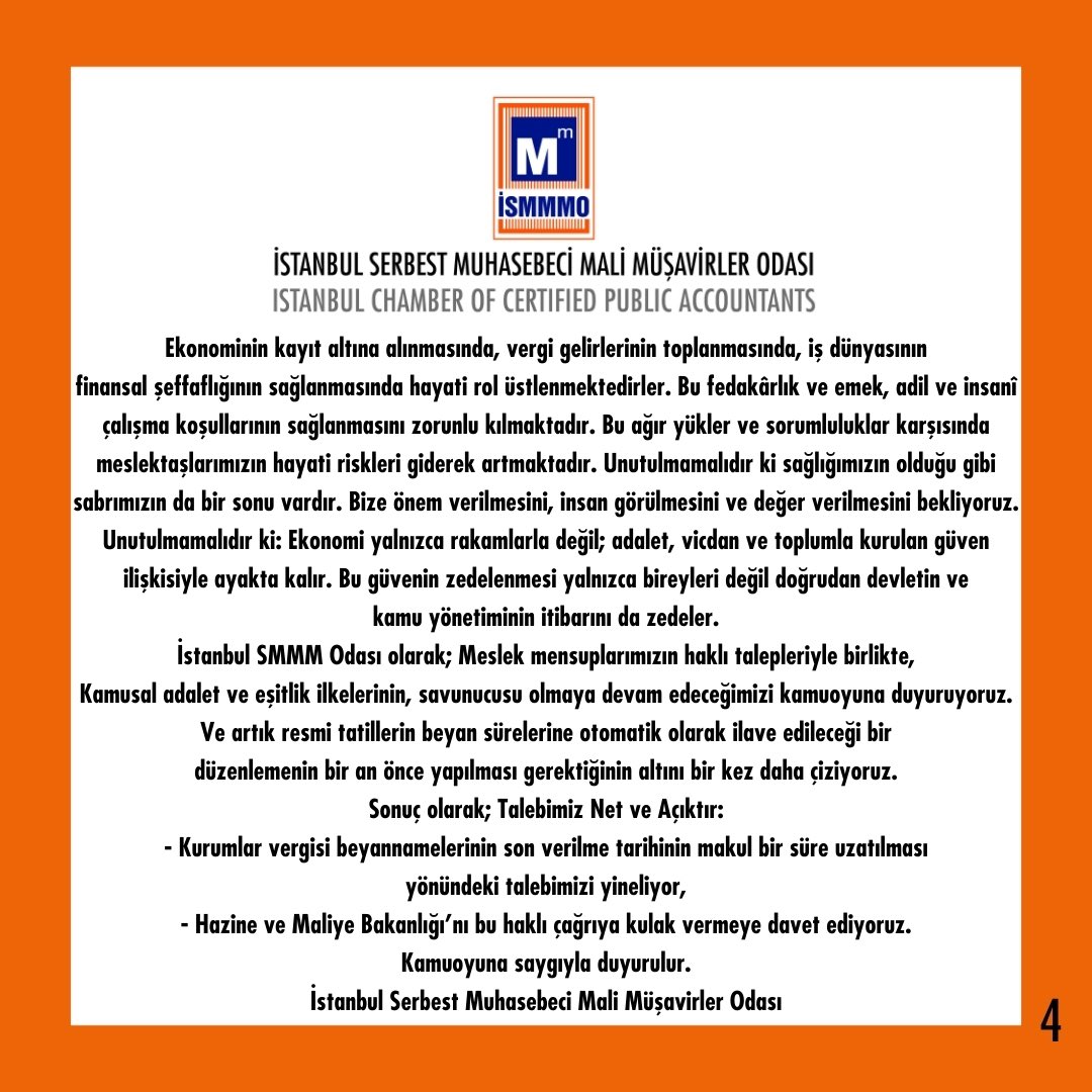 KAMUOYUNA ÖNEMLE DUYURUYORUZ
FİNANSMAN İHTİYACI BİR BAHANE OLAMAZ
ADİL BİR SÜRE UZATIMI ŞARTTIR
#KurumlarVergisiUzatılsın