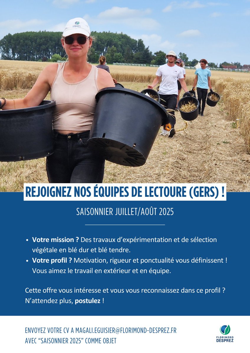 Notre équipe de Lectoure (GERS) est à la recherche de saisonniers pour cet été ! 🌞

Si cette offre vous intéresse, envoyez votre CV à 📧 magali.eguisier@florimond-desprez.fr avec pour objet "Saisonnier 2025" !🌾 

<a href="/mcochard_FD/">Michael Cochard</a>
<a href="/VilledeLectoure/">Ville de Lectoure</a> 
@LeGers32