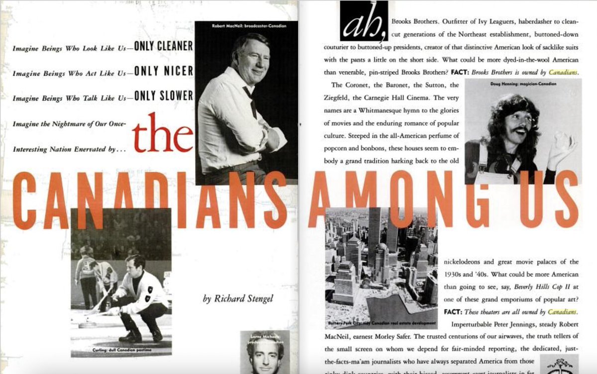 When I lived in NYC,  I had the fortune to write for Spy magazine when co-founder Graydon Carter was at the helm. As a Canadian expat, his fingerprints are no doubt all over the feature "The Canadians Among Us," from 1988,  which especially resonates this evening...