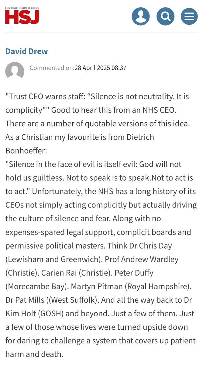 David Drew (@nhswhistleblowr) on Twitter photo Mmh! Culture change driven from the top. <a href="/NeillMoloney/">Neill Moloney</a> CEO <a href="/EastEnglandAmb/">EEAST Ambulance Service</a> More of this is needed <a href="/wesstreeting/">Wes Streeting</a>
hsj.co.uk/east-of-englan…
My comment. <a href="/drcmday/">Dr Chris Day</a> <a href="/AndrewWardley/">Prof Andrew Wardley 🦋</a> <a href="/MsCarienRai/">Carien Rai 🦋</a> <a href="/peter__duffy/">Peter Duffy</a> <a href="/MartynPitman/">Martyn Pitman</a> <a href="/drkimholt/">kim holt</a> Mmh! Culture change driven from the top. <a href="/NeillMoloney/">Neill Moloney</a> CEO <a href="/EastEnglandAmb/">EEAST Ambulance Service</a> More of this is needed <a href="/wesstreeting/">Wes Streeting</a>
hsj.co.uk/east-of-englan…
My comment. <a href="/drcmday/">Dr Chris Day</a> <a href="/AndrewWardley/">Prof Andrew Wardley 🦋</a> <a href="/MsCarienRai/">Carien Rai 🦋</a> <a href="/peter__duffy/">Peter Duffy</a> <a href="/MartynPitman/">Martyn Pitman</a> <a href="/drkimholt/">kim holt</a>